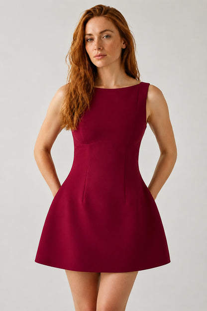Margaux Crepe Bubblehem Mini Dress Wine