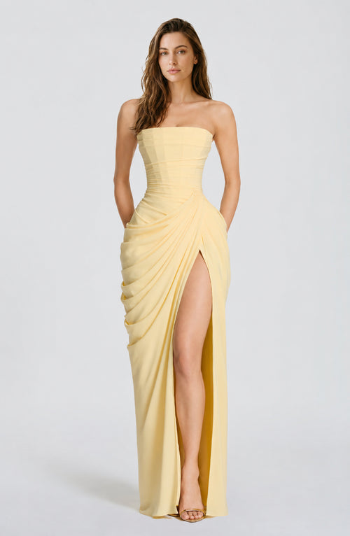 Reverie Satin Strapless Maxi Dress Lemon