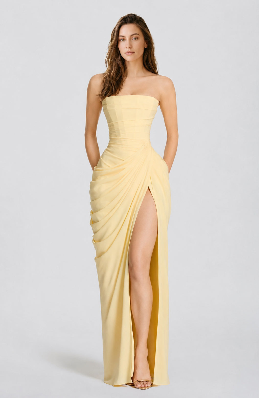 Reverie Satin Strapless Maxi Dress Lemon