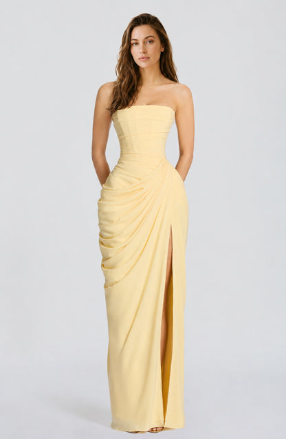 Reverie Satin Strapless Maxi Dress Lemon