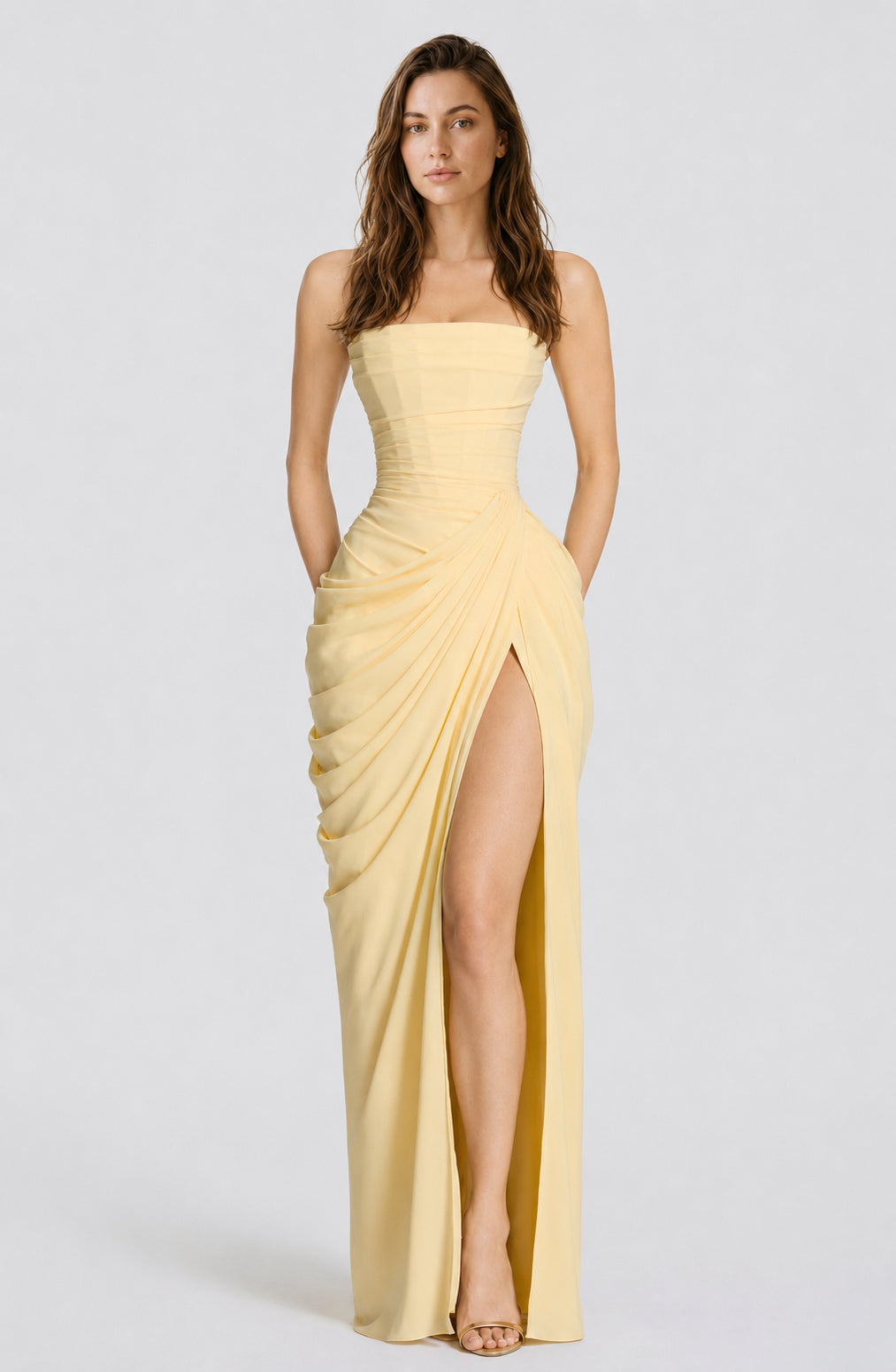Reverie Satin Strapless Maxi Dress Lemon