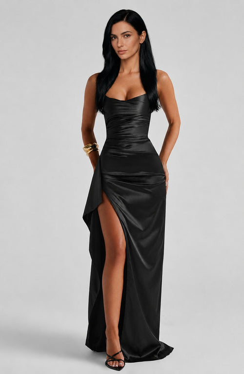 Helen Maxi Dress - Black in black - satin maxi dress for birthday | Zalinae