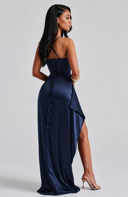 blue satin cowl-neck maxi dress front view
