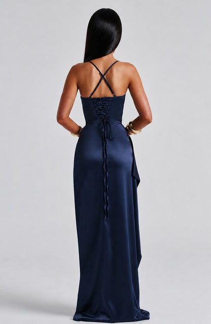 satin texture close-up of Helen Maxi Dress - Navy - blue formal dress