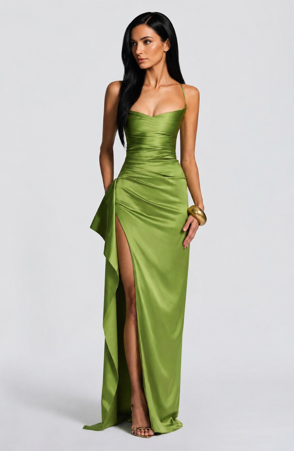 Model wearing maxi dress for birthday - satin
