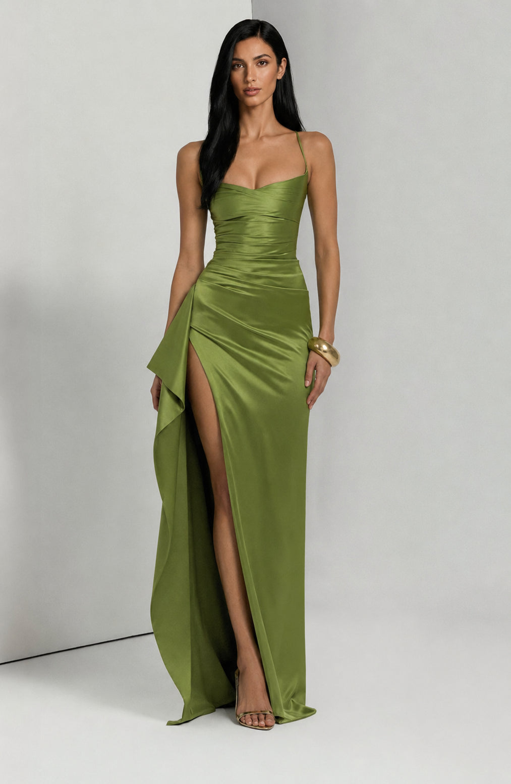 Seraphina Satin Cowl-Neck Maxi Dress Olive