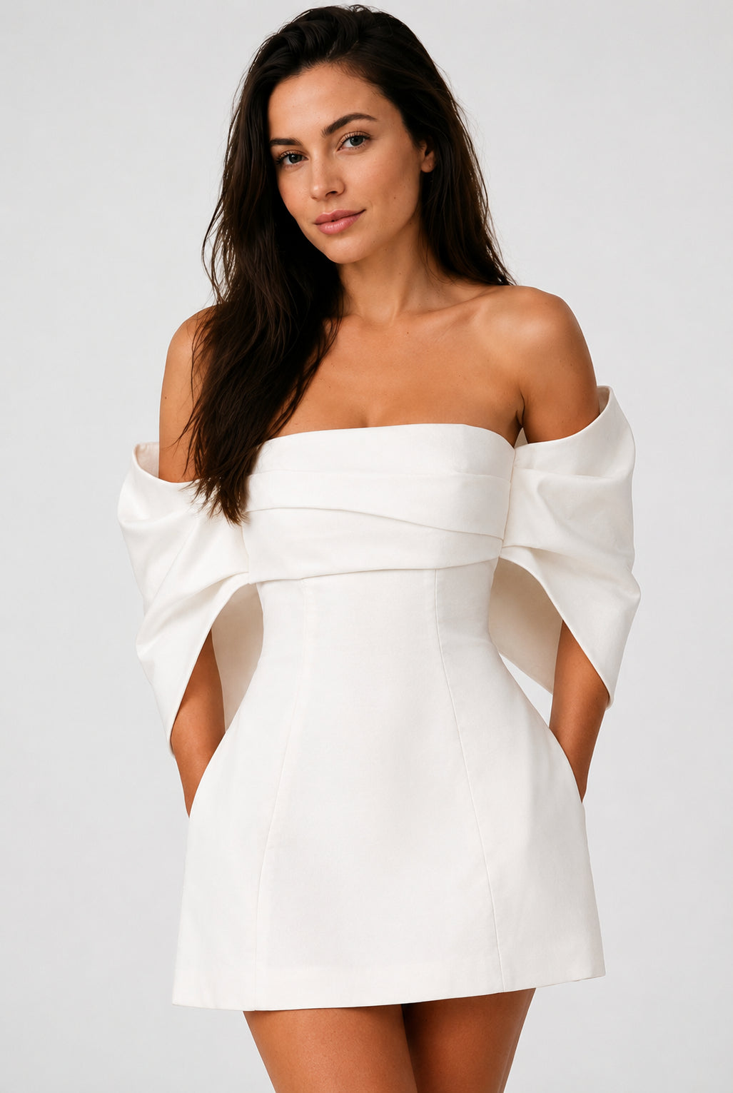 Stella Off-Shoulder Crepe Mini Dress Ivory