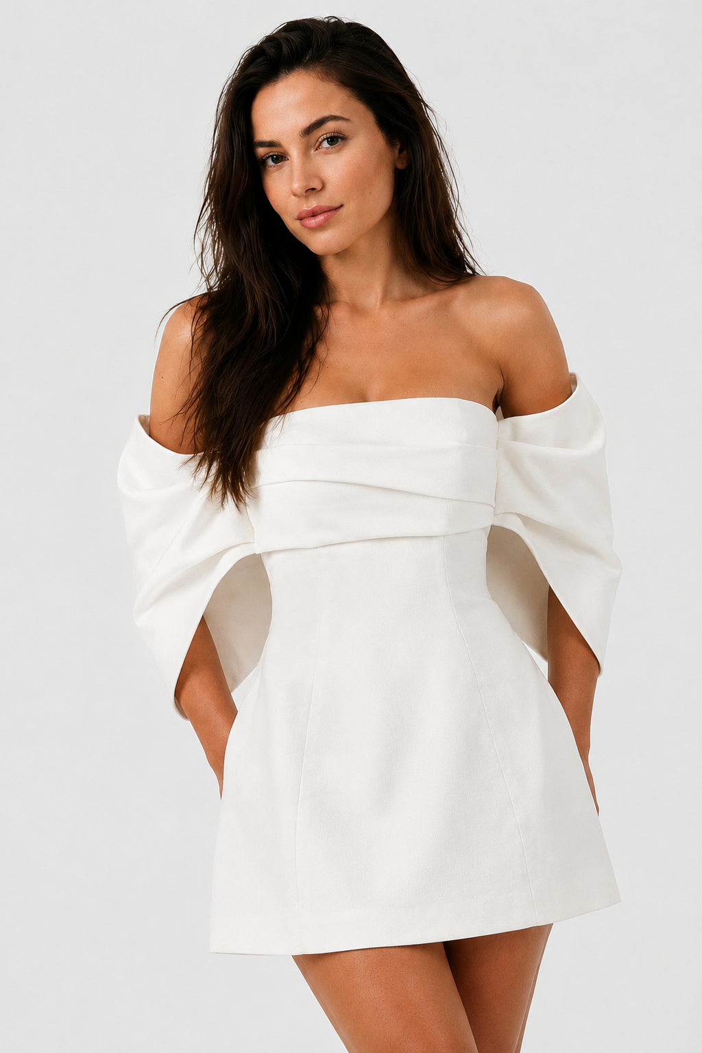 Stella Off-Shoulder Crepe Mini Dress Ivory