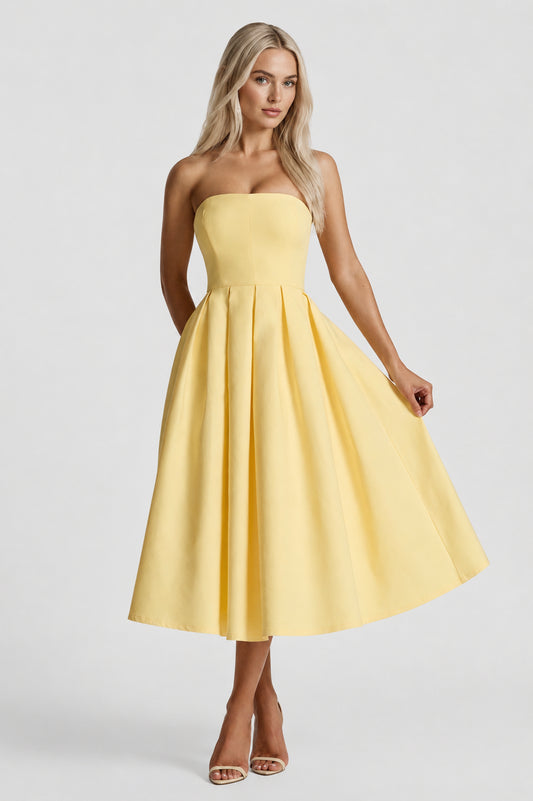 Violette Strapless Sleeveless Midi Dress Lemon