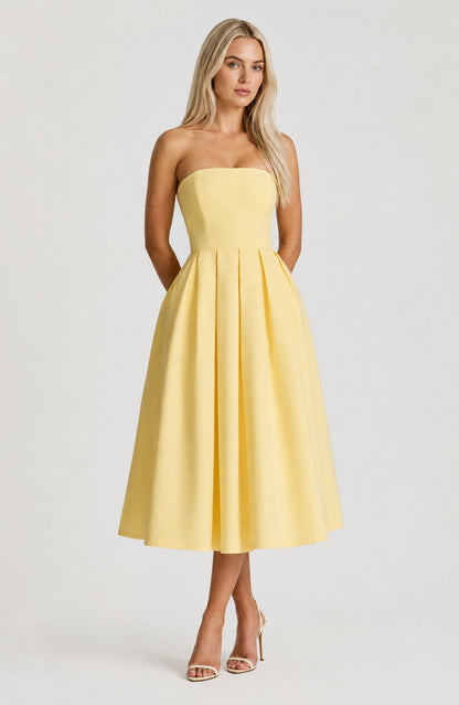 Violette Strapless Sleeveless Midi Dress Lemon