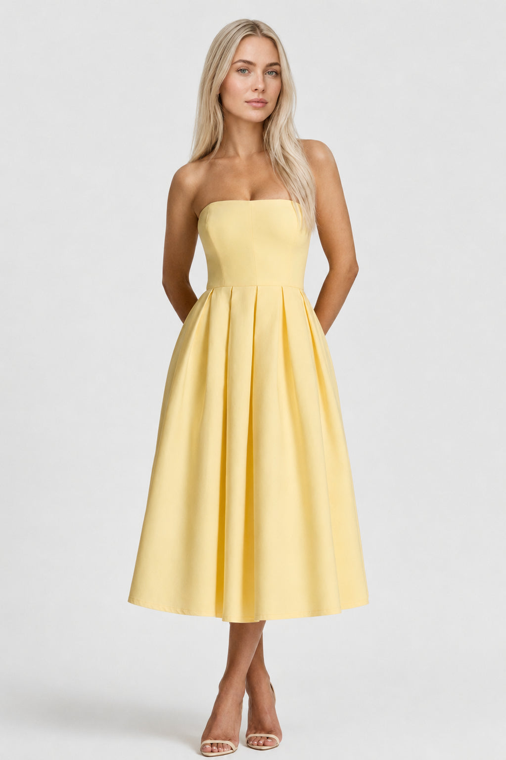 Violette Strapless Sleeveless Midi Dress Lemon