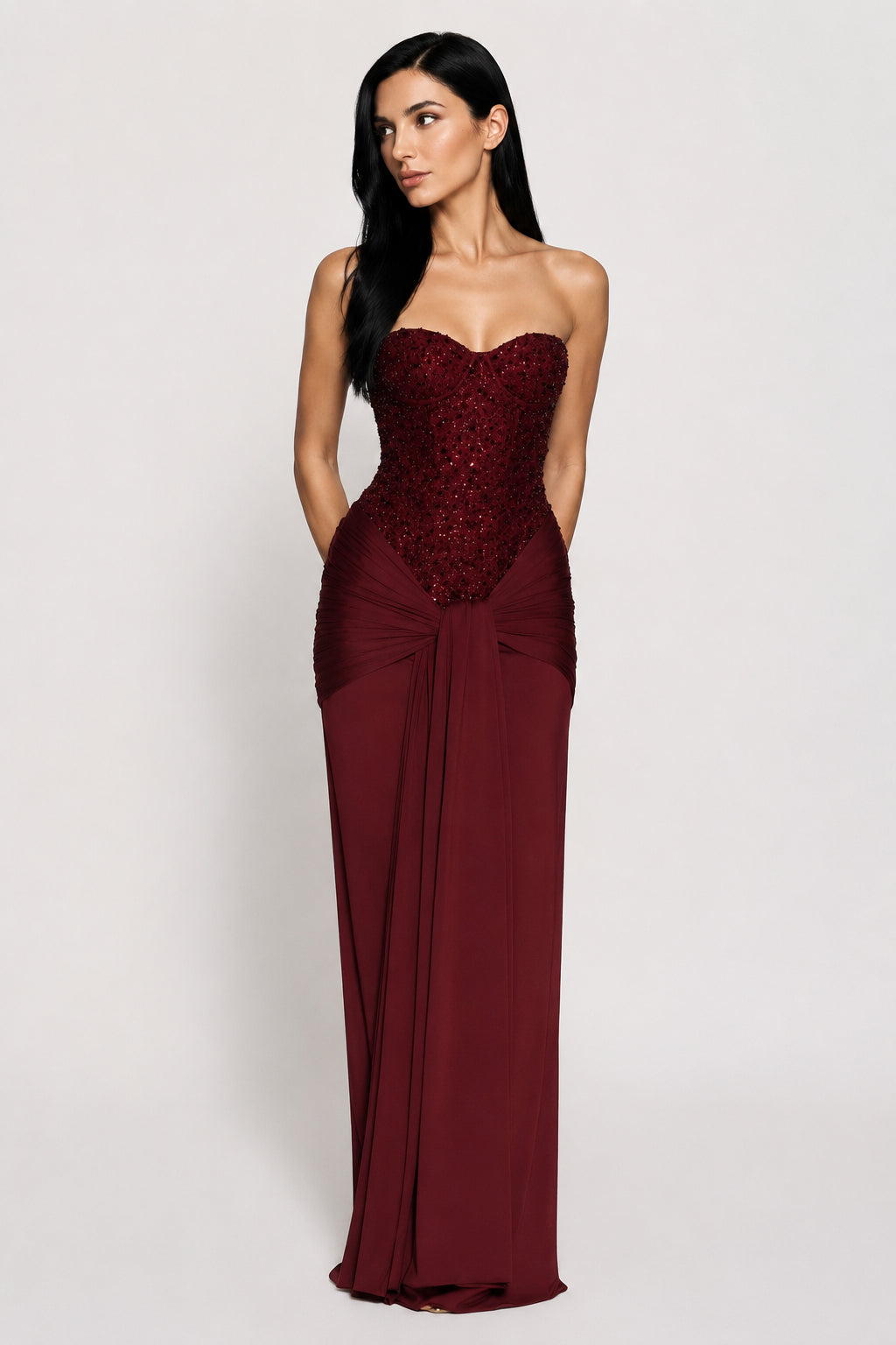 Xanthe Strapless Jersey Maxi Dress Burgundy